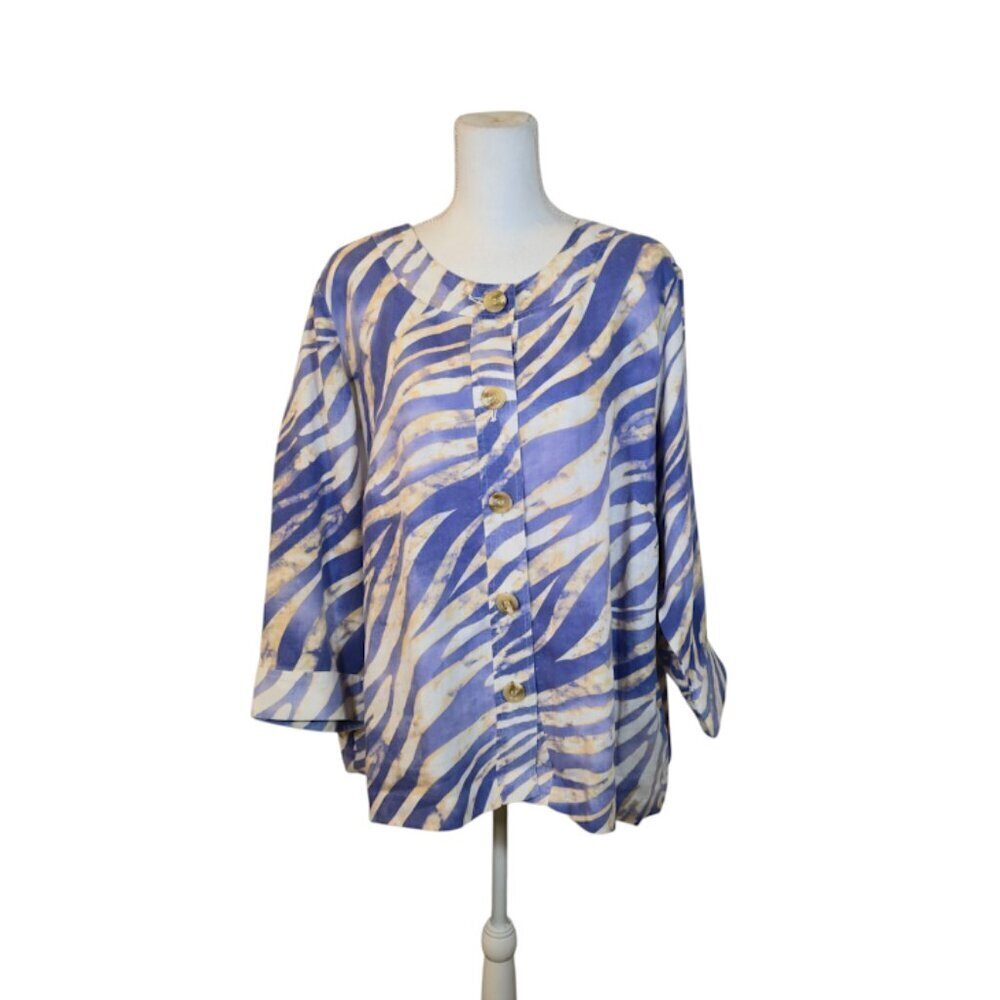JM Collection Woman 100% Linen Jacket Size 20W Blue Animal Print Preppy